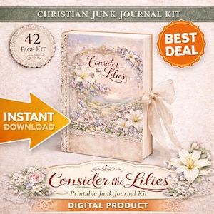 Peut inclure: Kit de journal intime chrétien numérique avec le texte « Considérez les lis ». Le journal présente un motif floral avec des lis blancs et un ruban beige. Comprend un kit de 42 pages et un graphique « Téléchargement instantané ».
