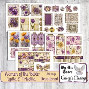 Puede incluir: Una hoja de collage digital con dise&ntilde;os florales morados, amarillos y blancos, texturas de papel de estilo vintage y patrones de encaje. La hoja incluye el texto "Women of the Bible: Lydia & Priscilla 39 page Devotional By His Grace Carolyn's Musings".