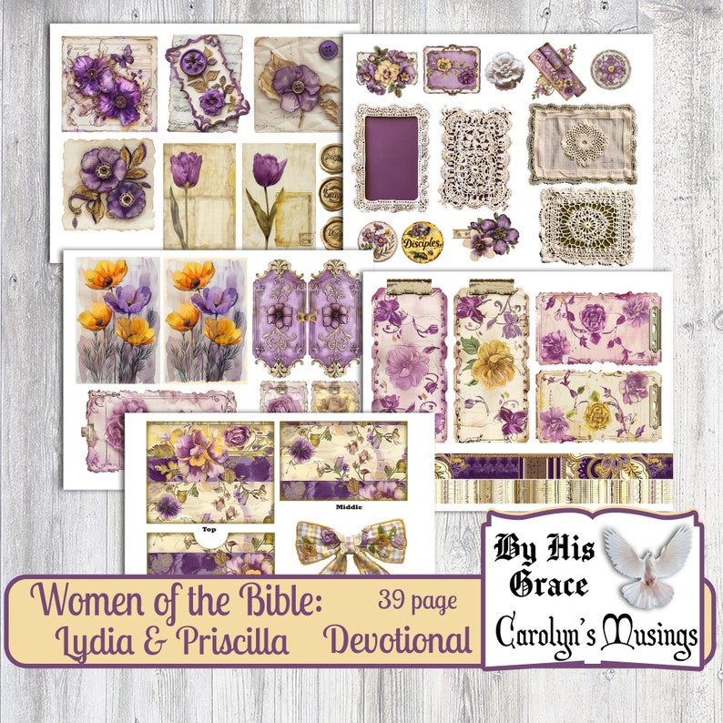 Puede incluir: Una hoja de collage digital con dise&ntilde;os florales morados, amarillos y blancos, texturas de papel de estilo vintage y patrones de encaje. La hoja incluye el texto "Women of the Bible: Lydia & Priscilla 39 page Devotional By His Grace Carolyn's Musings".