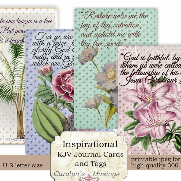 Printable KJV Inspirational bible verse journal Cards, Botanical ephemera, junk journal ephemera, Bible Journaling, Prayer, Digital Download