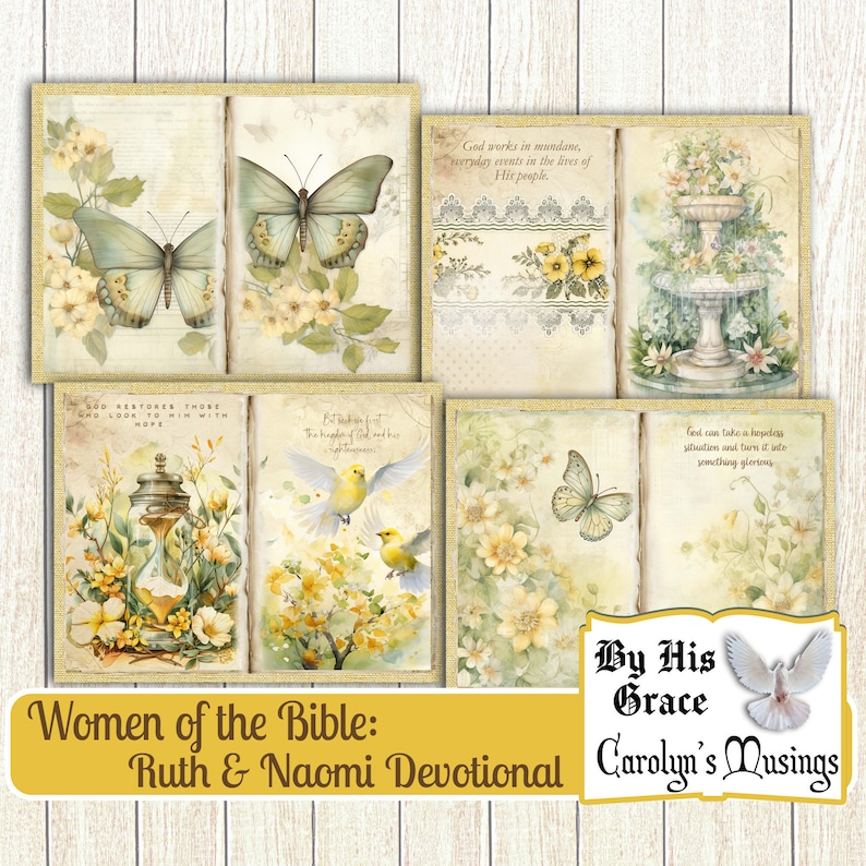 May include: A collage of images with a vintage aesthetic featuring butterflies, birds, flowers, and inspirational quotes. The text reads "God works in mundane, everyday events in the lives of His people." and "By His Grace Carolyn's Musings". The title "Women of the Bible: Ruth & Naomi Devotional" is at the bottom of the collage.