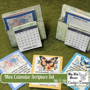 Mini calendario de las Escrituras / Kit de diario basura con versículos bíblicos para 2025 / Juego de regalo con descarga digital / Versículos para memorizar en KJV y NVI / Reflexiones de carolyn