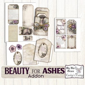 May include: A collection of paper tags, labels, and embellishments with a vintage aesthetic. The designs feature floral accents, bird illustrations, and script text. The words "Beauty for Ashes" are prominently displayed.