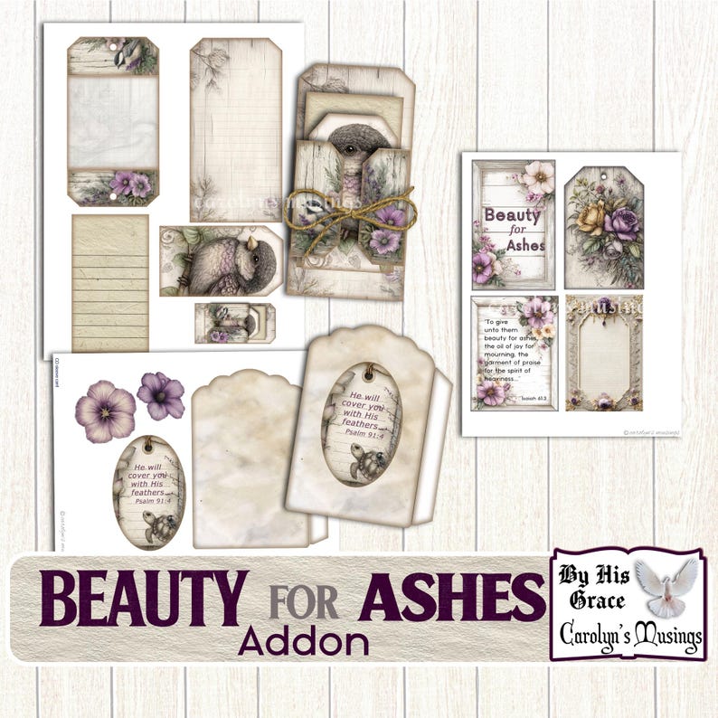 May include: A collection of paper tags, labels, and embellishments with a vintage aesthetic. The designs feature floral accents, bird illustrations, and script text. The words "Beauty for Ashes" are prominently displayed.