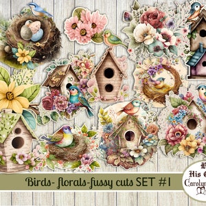 Fussy Cut Birds, Bird Houses, Florals, Junk Journal, Scrapbooking Ephemera, Digital Download,