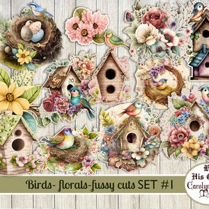 Oiseaux aux coupes délicates, maisons d'oiseaux, fleurs, journal indésirable, éphémères de scrapbooking, téléchargement numérique,