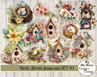 Fussy Cut Birds, Bird Houses, Florals, Junk Journal, Scrapbooking Ephemera, Digital Download,