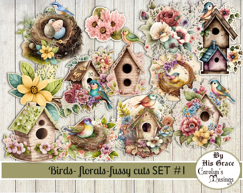 Fussy Cut Birds, Bird Houses, Florals, Junk Journal, Scrapbooking Ephemera, Digital Download, image 1