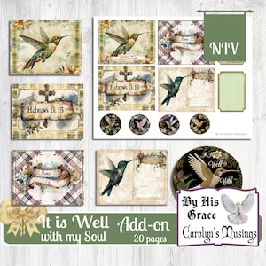 Puede incluir: Un paquete de papel digital imprimible para scrapbooking con 20 p&aacute;ginas con colibr&iacute;es, dise&ntilde;os florales y vers&iacute;culos b&iacute;blicos. El paquete incluye una variedad de colores y patrones, incluyendo verde, amarillo, marr&oacute;n y azul. El texto "It is Well Add-on with my Soul" aparece en la parte inferior de la imagen.
