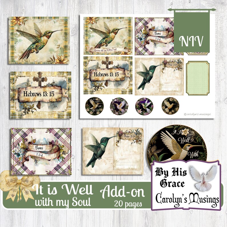 Puede incluir: Un paquete de papel digital imprimible para scrapbooking con 20 p&aacute;ginas con colibr&iacute;es, dise&ntilde;os florales y vers&iacute;culos b&iacute;blicos. El paquete incluye una variedad de colores y patrones, incluyendo verde, amarillo, marr&oacute;n y azul. El texto "It is Well Add-on with my Soul" aparece en la parte inferior de la imagen.