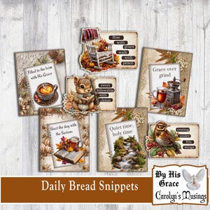 May include: A collection of digital art prints with inspirational quotes and autumn-themed illustrations. The prints feature images of coffee, a squirrel, a bird, and a rocking chair, with text such as "Daily Bread Snippets" and "By His Grace".