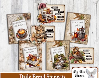 May include: A collection of digital art prints with inspirational quotes and autumn-themed illustrations. The prints feature images of coffee, a squirrel, a bird, and a rocking chair, with text such as "Daily Bread Snippets" and "By His Grace".