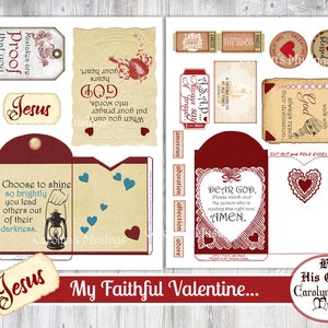 May include: Printable Valentine's Day cards with religious themes. The cards feature red hearts, lace, and text such as "My Faithful Valentine", "Choose to shine", "Dear God", and "Jesus".