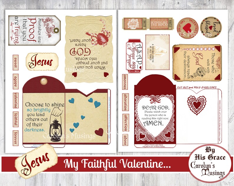May include: Printable Valentine's Day cards with religious themes. The cards feature red hearts, lace, and text such as "My Faithful Valentine", "Choose to shine", "Dear God", and "Jesus".