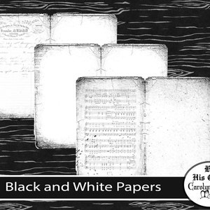 May include: Black and white papers with aged edges. The image features several sheets of paper, some with handwritten text and musical notes, set against a dark, wood-grain background. The text "Black and White Papers" is displayed at the bottom.