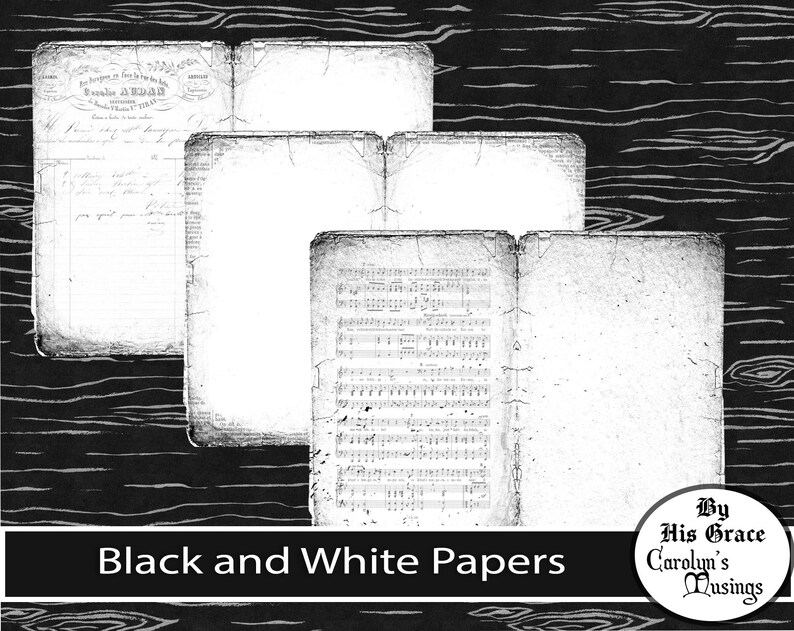 May include: Black and white papers with aged edges. The image features several sheets of paper, some with handwritten text and musical notes, set against a dark, wood-grain background. The text "Black and White Papers" is displayed at the bottom.
