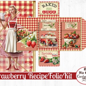 Zestaw do dziennika „Strawberry Recipes Folio Journal”, książka kucharska, prezent, pomysł na wymianę przepisów, dziennik śmieciowy, czerwony, biały, do pobrania w wersji cyfrowej, do wydrukowania