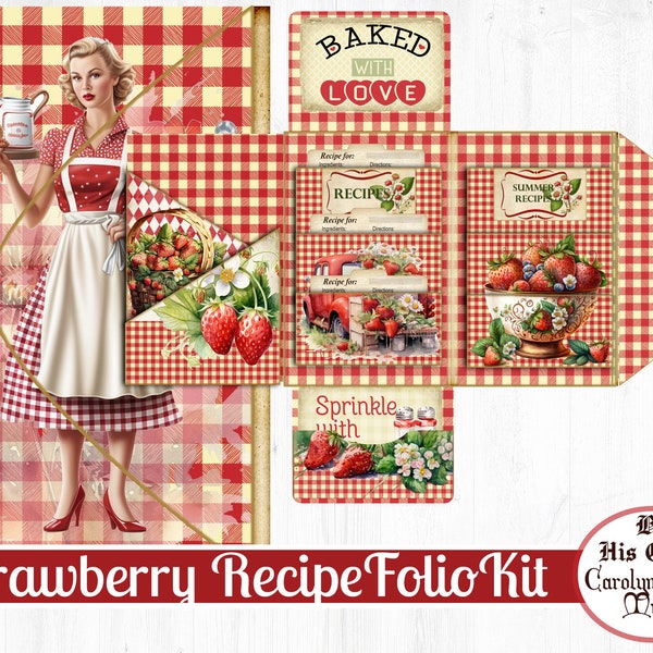 Strawberry Recipes Folio Journal Kit, Recipe Book, Gift, Recipe Swap idea, Junk Journal, Red, White, digital download, printable