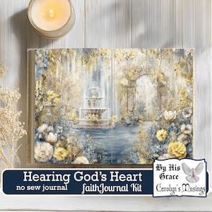 Scripture-based digital journal kit with botanical and garden decor for spiritual growth and personal reflection. Botanical-themed digital faith journal with a garden scene, fountain, and serene colors, promoting spiritual reflection. Enhance spiritual growth with this digital faith journal kit, featuring healing-themed botanical designs.