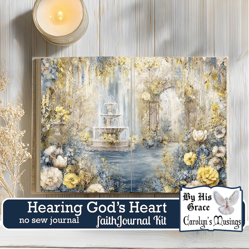 Scripture-based digital journal kit with botanical and garden decor for spiritual growth and personal reflection. Botanical-themed digital faith journal with a garden scene, fountain, and serene colors, promoting spiritual reflection. Enhance spiritual growth with this digital faith journal kit, featuring healing-themed botanical designs.