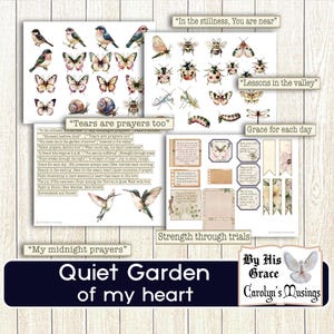 May include: A collection of watercolor-style art prints featuring birds, butterflies, insects, and floral elements. The prints include inspirational quotes and phrases such as "Quiet Garden of my heart" and "By His Grace Carolyn's Musings."