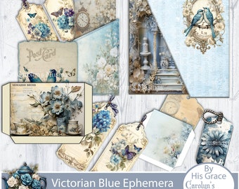 Victorian Blue Junk Journal Ephemera addon:  Printable Paper (Digital Download)