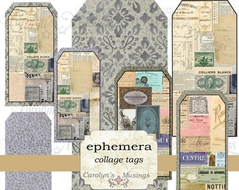Vintage Ephemera Collage Tags, Junk Journal Supplies (Digital Download)