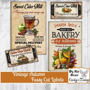 May include: Vintage autumn-themed fussy cut labels. The labels feature illustrations of cider, baked goods, and fall harvest scenes. Text includes "Sweet Cider Mill", "Bakery", and "Autumn Ridge Bakery". The labels are in shades of brown, orange, and green.