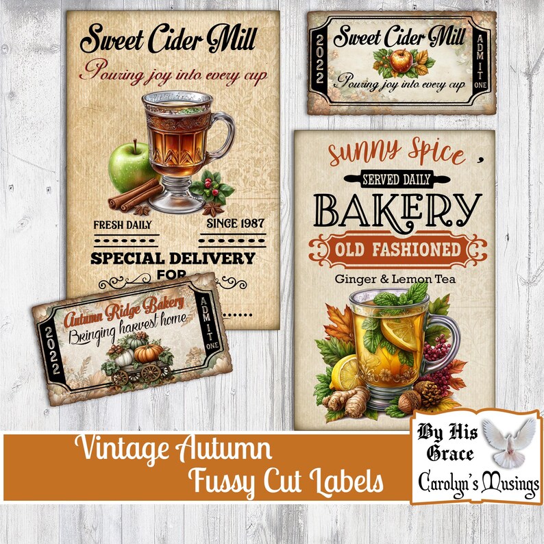 May include: Vintage autumn-themed fussy cut labels. The labels feature illustrations of cider, baked goods, and fall harvest scenes. Text includes "Sweet Cider Mill", "Bakery", and "Autumn Ridge Bakery". The labels are in shades of brown, orange, and green.