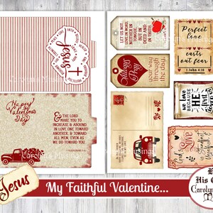 May include: A printable set of Valentine's Day cards with a Christian theme. The cards feature red and white stripes, vintage-style illustrations, and Bible verses about love and faith. The text on the cards includes "Always Pray", "Perfect Love", "We Love Because He First Loved Us", and "My Faithful Valentine..."