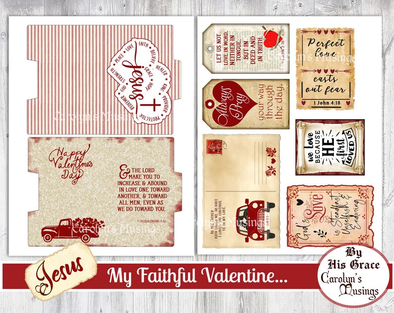 May include: A printable set of Valentine's Day cards with a Christian theme. The cards feature red and white stripes, vintage-style illustrations, and Bible verses about love and faith. The text on the cards includes "Always Pray", "Perfect Love", "We Love Because He First Loved Us", and "My Faithful Valentine..."
