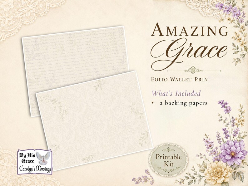 Soft spring heirloom style Amazing Grace printable kit with lace, florals, devotional paper craft accents, and faith-filled vintage elegance.