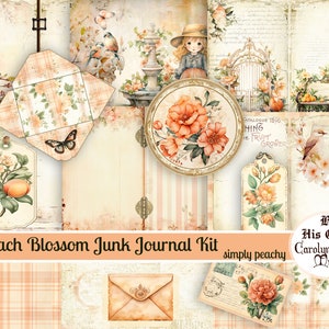Kit de diario basura, flor de durazno, verano, flores de jardín, simplemente melocotón, collage vintage, descarga digital, suministros de álbum de recortes, imprimible