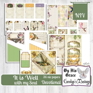 May include: A digital collage sheet with 36 printable papers featuring hummingbirds, flowers, and the text "It is Well with my Soul" and "By His Grace Carolyn's Musings".