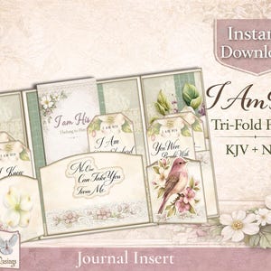 Puede incluir: Un inserto de diario folio de tres pliegues con ilustraciones florales y de aves. El diseño incluye el texto "I Am His" y otras frases inspiradoras. Disponible en versiones KJV y NIV.