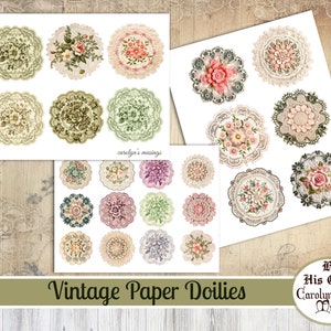 May include: A set of 18 vintage paper doilies with floral designs in shades of pink, green, and white. The doilies are arranged in two rows of nine on a white background. The text "Vintage Paper Doilies" is printed at the bottom of the image. By His Grace Carolyn's Musings is printed at the bottom right corner of the image.