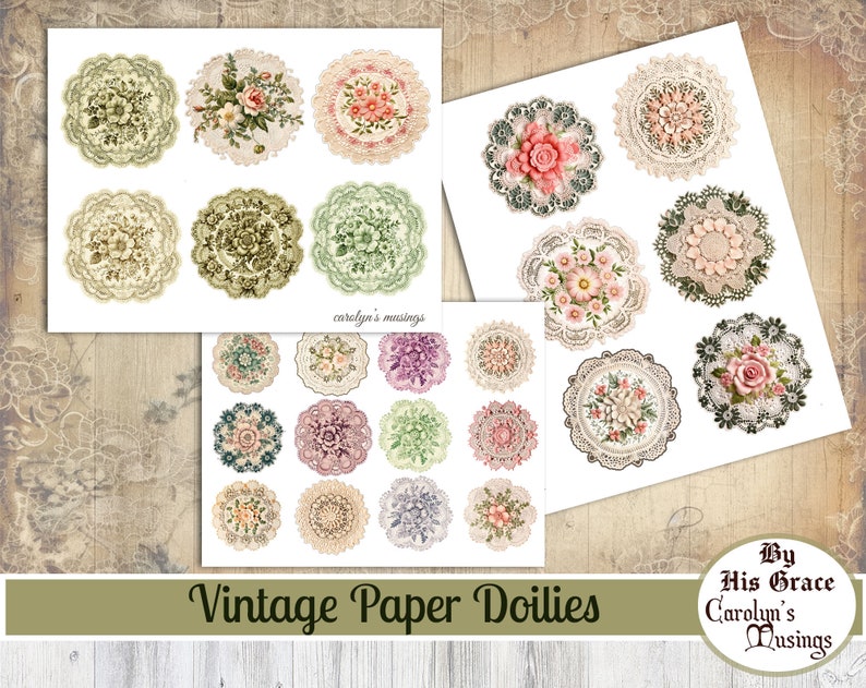 May include: A set of 18 vintage paper doilies with floral designs in shades of pink, green, and white. The doilies are arranged in two rows of nine on a white background. The text "Vintage Paper Doilies" is printed at the bottom of the image. By His Grace Carolyn's Musings is printed at the bottom right corner of the image.