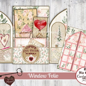 Valentijnsdag Window Folio Junk Journal, Valentijnsdag geladen zak, kieskeurige bezuinigingen, harten, roze rode ephemera, Scrapbookbenodigdheden, Kaarten maken