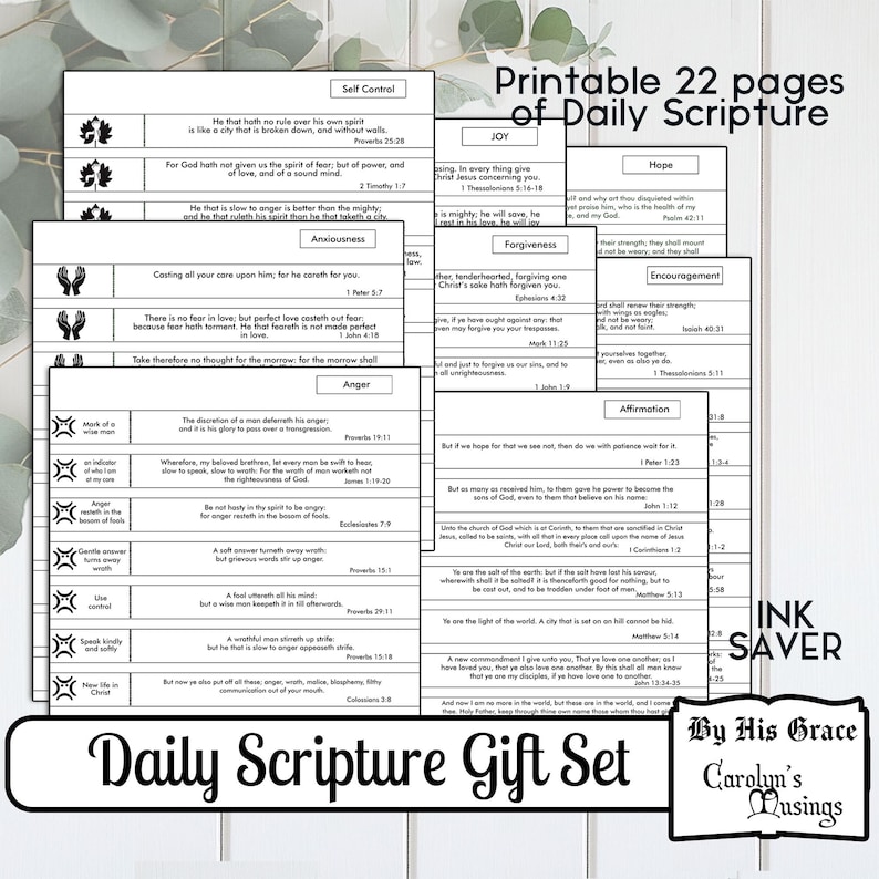 Give the gift of Gods Promises. This KJV Scripture Set in Black and White, Ink Saver, will give you a huge head start on a heartfelt gift.