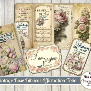 Junk Journal, vintage Rose bijbelse affirmatie folio, bevestigingsverzen, waterval, gebedsdagboek, devotionele ephemera, afdrukbaar