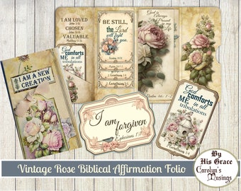Junk Journal, Vintage Rose Biblical Affirmation Folio, Affirmation Verses, Waterfall, Prayer Journal, Devotional ephemera, Printable
