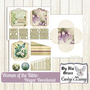 May include: Printable devotional kit for women featuring a floral design with butterflies and the text "Women of the Bible: Hagar Devotional" and "By His Grace Carolyn's Musings".