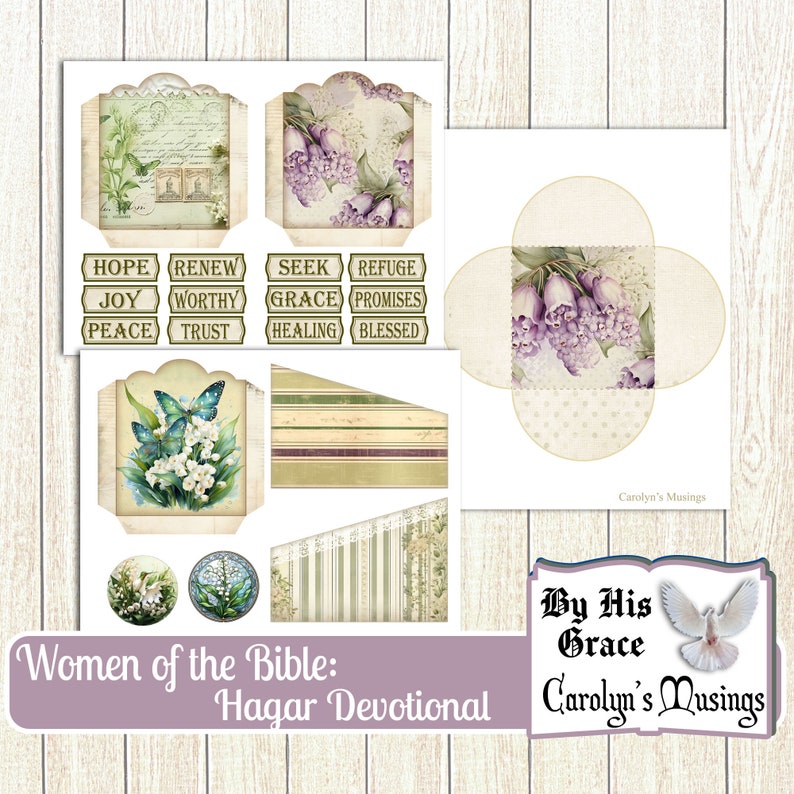May include: Printable devotional kit for women featuring a floral design with butterflies and the text "Women of the Bible: Hagar Devotional" and "By His Grace Carolyn's Musings".