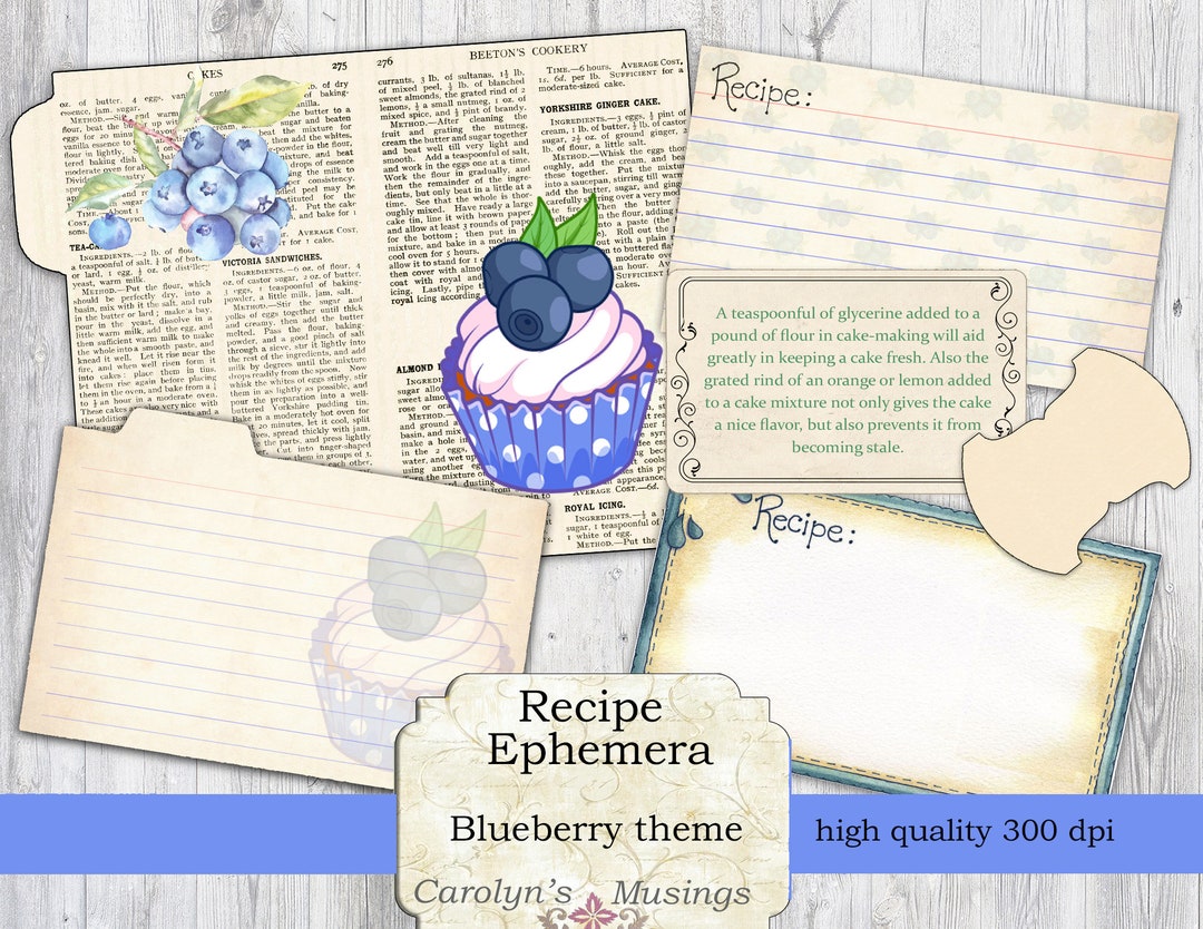 Printable Recipe Cards, Recipe Journal Ephemera, Recipe Folders, Recipe