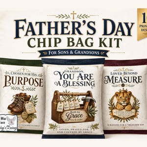 Puede incluir: Kit de bolsas de patatas fritas para el Día del Padre con tres diseños. Una bolsa presenta botas de trabajo y el texto "Chosen for His Purpose". Otra bolsa tiene una caja de herramientas y el texto "You Are a Blessing". La tercera bolsa muestra un león y el texto "Loved Beyond Measure".