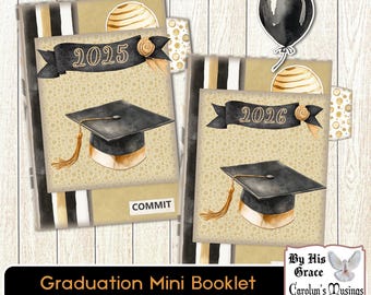 May include: Mini graduation booklets featuring a black mortarboard, tassel, and the years 2025 and 2026. The covers have a gold and beige design, a black banner, and a balloon graphic. The text reads "Graduation Mini Booklet".