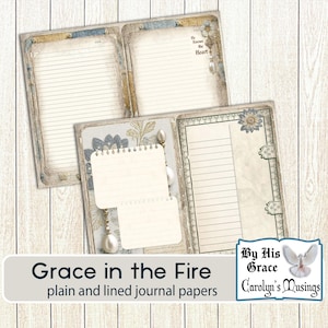 Peut inclure: Plusieurs papiers de journal de style vintage avec des pages lignées et vierges. Les papiers présentent des accents floraux et perles, avec le texte "He Knows the Heart" et "Grace in the Fire". Le design comprend une colombe et le texte "By His Grace Carolyn's Musings."