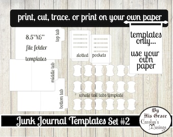 Junk Journal Templates, Whale tail tabs, Slotted Pocket, file folders, Craft Kit Template Printable, Digital Paper, Ink Saver, Digital, SET2