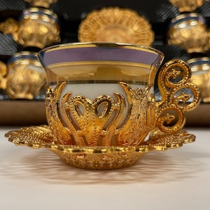 Turkish Greek Arabic Coffee Espresso Cup Saucer Porcelain Set of 6 Cups and Saucers Gold Blue White Colour