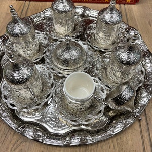 Turkish Greek Arabic Coffee Espresso Cup Saucer Porcelain Set for 6 people/Ottoman Style Silver UK seller